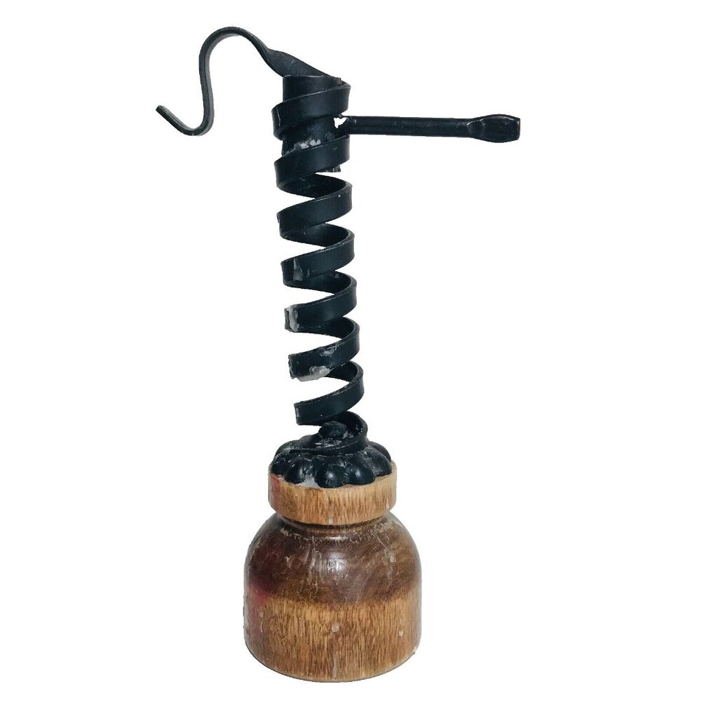 Primitive Wrought Iron Courting Candle Spiral Candle Holder Wood Base 9" Antique - Picture 3 of 9